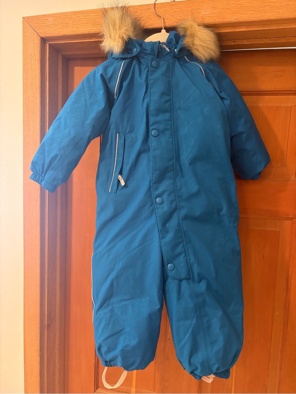 Kids Teal Blue One-Piece Snowsuit with Faux Fur Hood